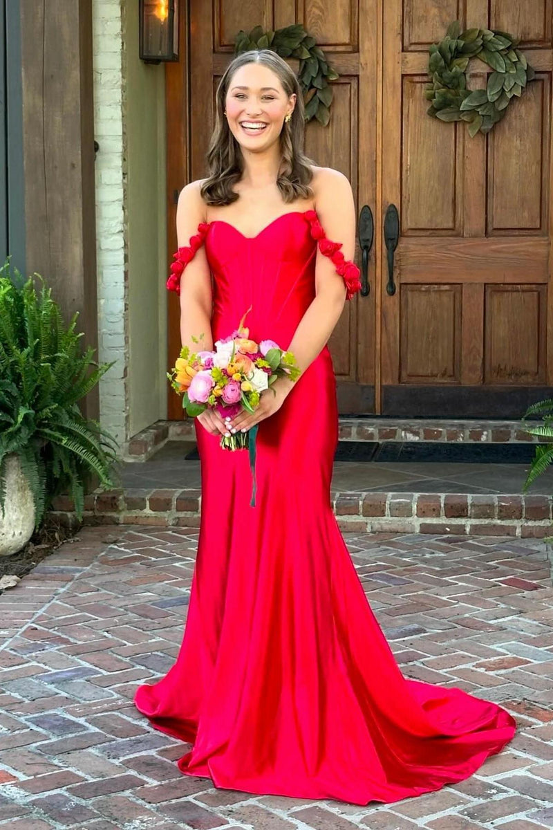 Handmade Flowers Straps Hot Pink Satin Mermaid Prom Dress