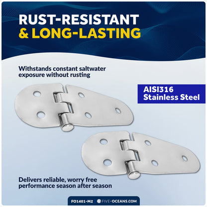Hatch Hinge 4-1/16" x 1-1/2", AISI 316 Stainless Steel, 2-Pack - FO1401-M2 - Five Oceans