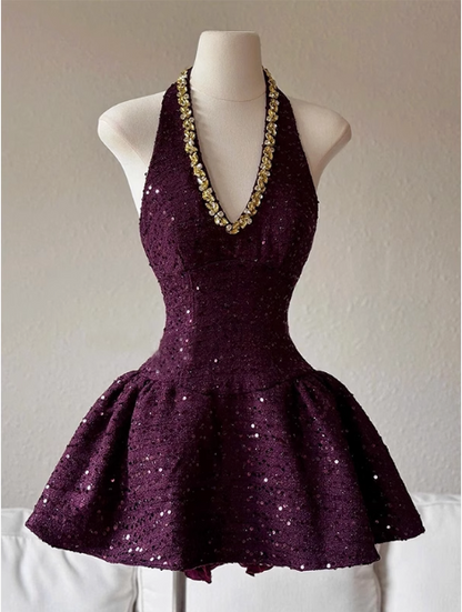 Heavy Diamond Purple Sequined Halter Neck A-line 19th Birthday Homecoming Dress
