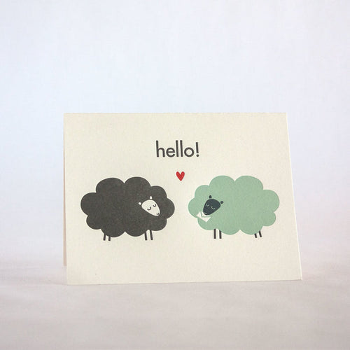 hello sheeps 200 fugu fugu press letterpress card printed on recycled paper. inside of the card is blank. made in the usa