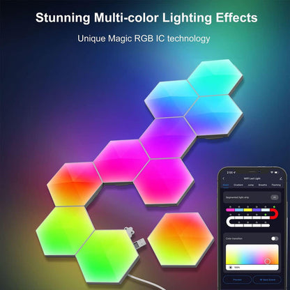 Hexagon Lights with Remote, RGB LED Wall Lights, Smart DIY App Control/ Music Sync for Game Room Decor - 6 pcs