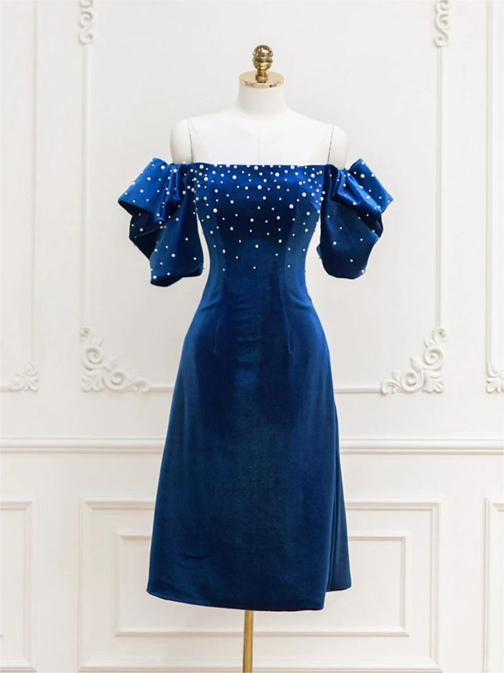 Homecoming Dresses,blue Velvet Beads Short Prom Dress, Blue Cocktail Dress