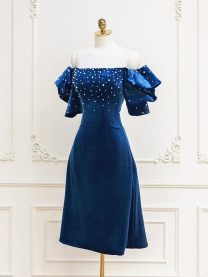 Homecoming Dresses,blue Velvet Beads Short Prom Dress, Blue Cocktail Dress
