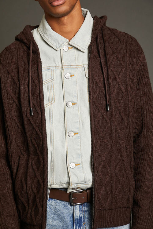 Hooded Cable Knit Zip-Up Sweater
