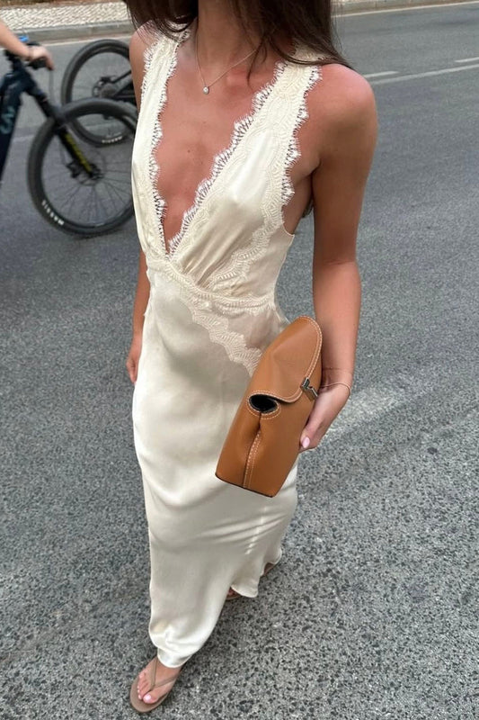 Hot Mermaid Deep V Neck Ivory Long Party Dress with Lace