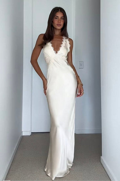 Hot Mermaid Deep V Neck Ivory Long Party Dress with Lace
