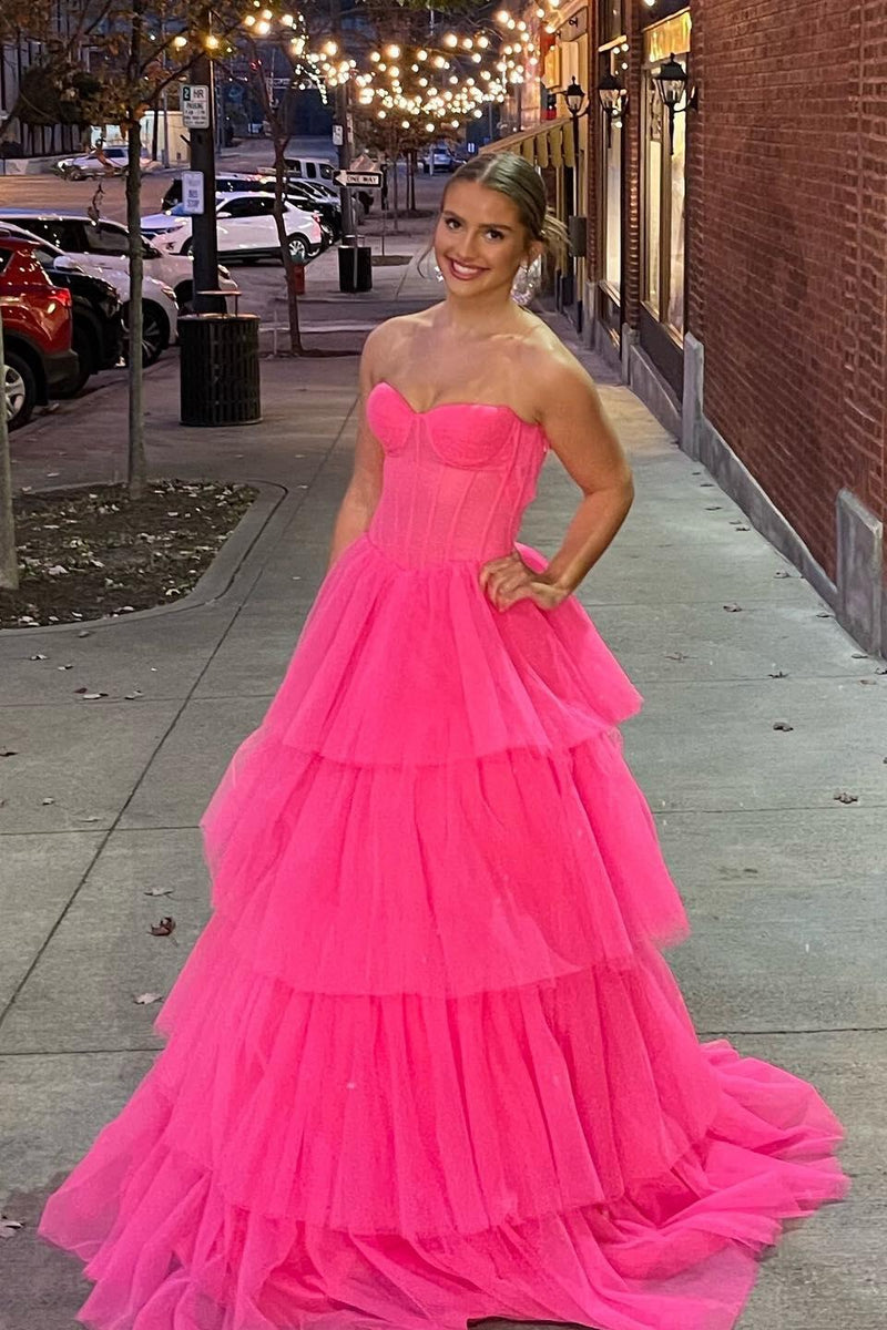 Hot Pink Corset Sweetheart Tiered Ruffles Long Prom Dress