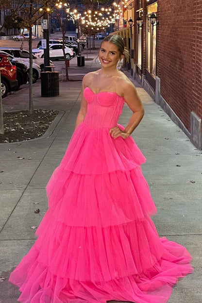 Hot Pink Corset Sweetheart Tiered Ruffles Long Prom Dress