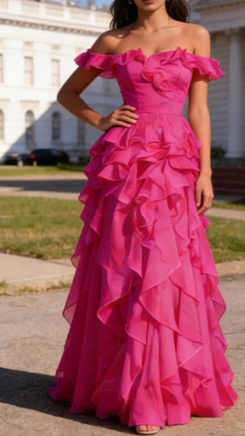 Hot Pink Ruffled A-Line Square Neck Long Prom Dress