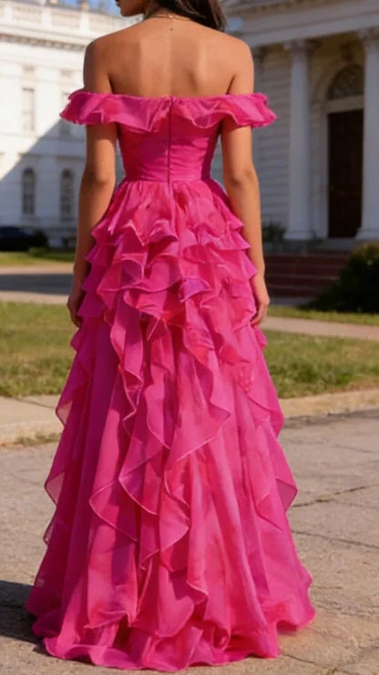 Hot Pink Ruffled A-Line Square Neck Long Prom Dress