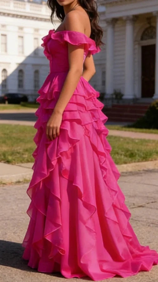 Hot Pink Ruffled A-Line Square Neck Long Prom Dress