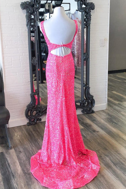 Hot Pink Sequin Mermaid Long Formal Dress