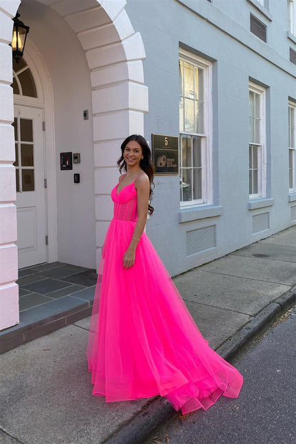 Hot Pink Sheer Corset A-line Formal Dress