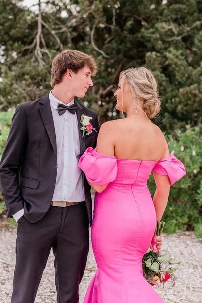 Hot Pink Strapless Mermaid Long Party Dress with Short Sleeves