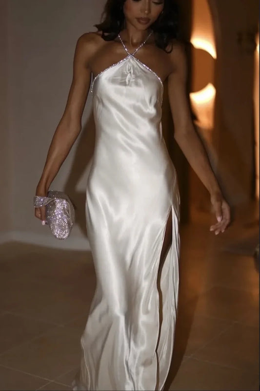 Hot Sheath Halter Neck White Long Party Dress with Split Front Beading