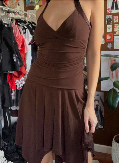 Irregular Halter Neck V-neck Brown Waisted Birthday Short Skirt Homecoming Dress