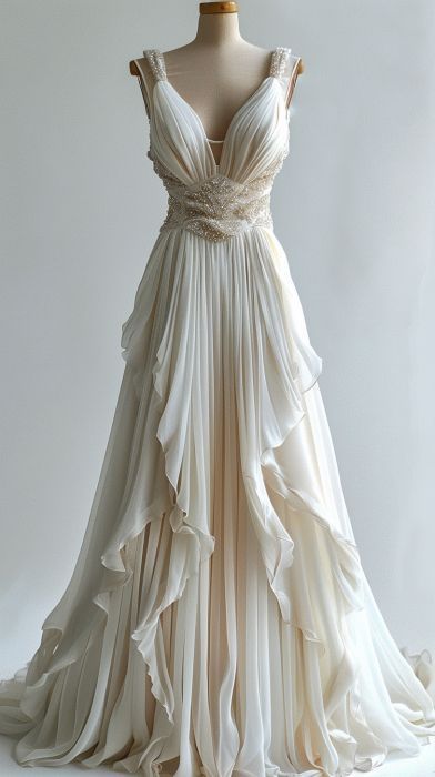 Ivory Beaded A-line Evening Gown Maxi Long Evening Party Prom Dresses Wedding Dresses With Ruffles
