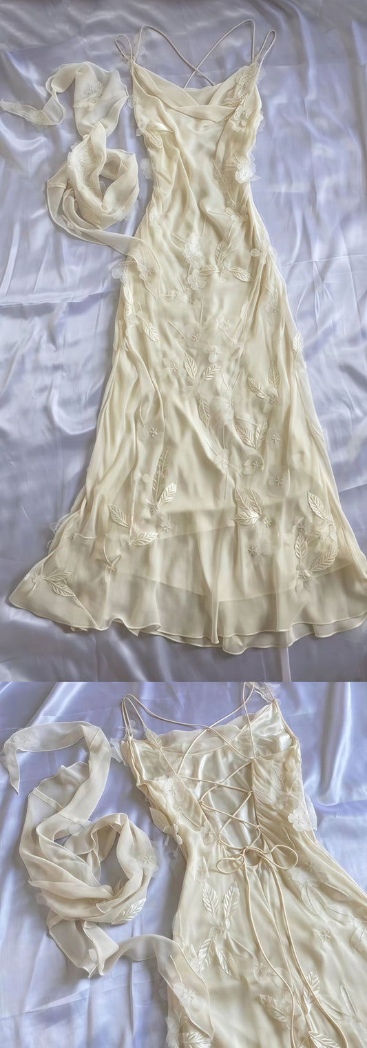 Ivory Floral Appliques Chiffon Party Dress Spring/Summer Lace Up Back Prom Dress,AST1762