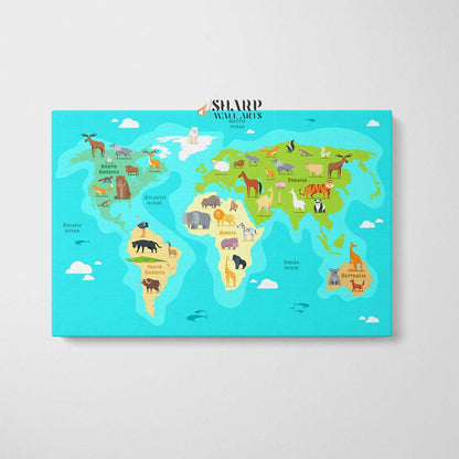 Kids World Map Canvas - Nursery Wall Art - SharpWallArts
