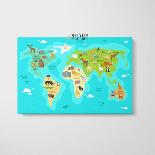 Kids World Map Canvas - Nursery Wall Art - SharpWallArts