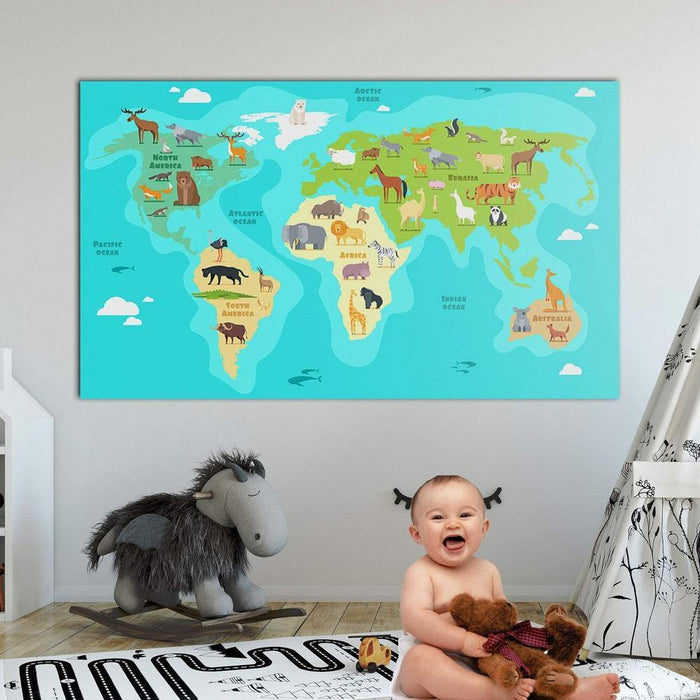 Kids World Map Canvas - Nursery Wall Art - SharpWallArts