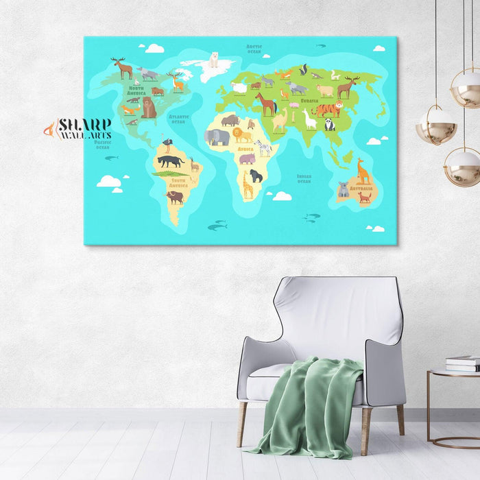Kids World Map Canvas - Nursery Wall Art - SharpWallArts