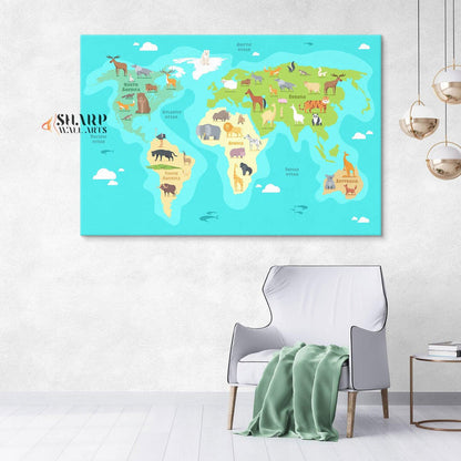 Kids World Map Canvas - Nursery Wall Art - SharpWallArts
