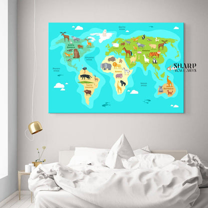 Kids World Map Canvas - Nursery Wall Art - SharpWallArts
