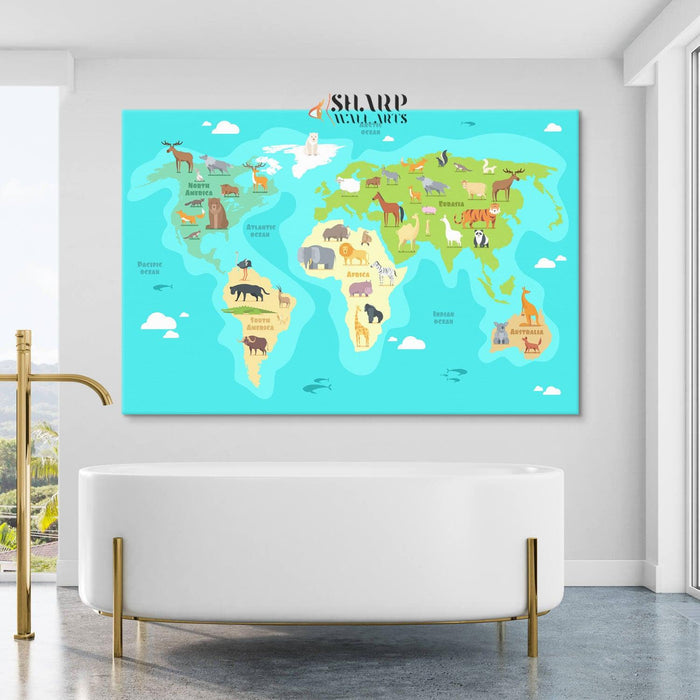 Kids World Map Canvas - Nursery Wall Art - SharpWallArts