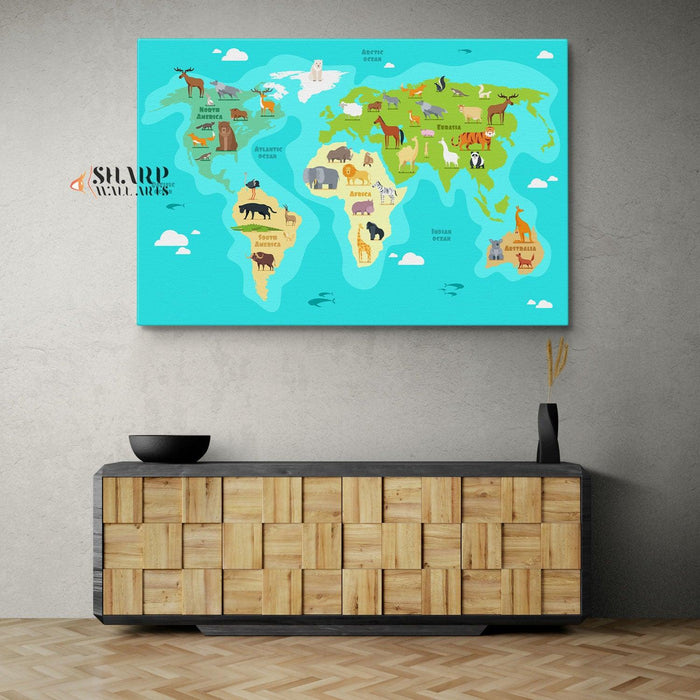 Kids World Map Canvas - Nursery Wall Art - SharpWallArts