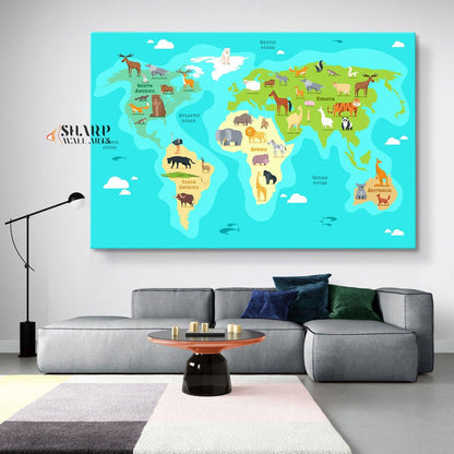 Kids World Map Canvas - Nursery Wall Art - SharpWallArts