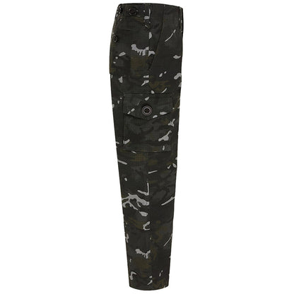 side view of kombat kids black btp camo trousers