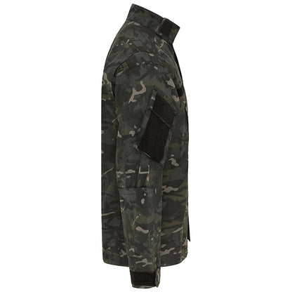 side view of kombat tactical black btp camo acu assault shirt