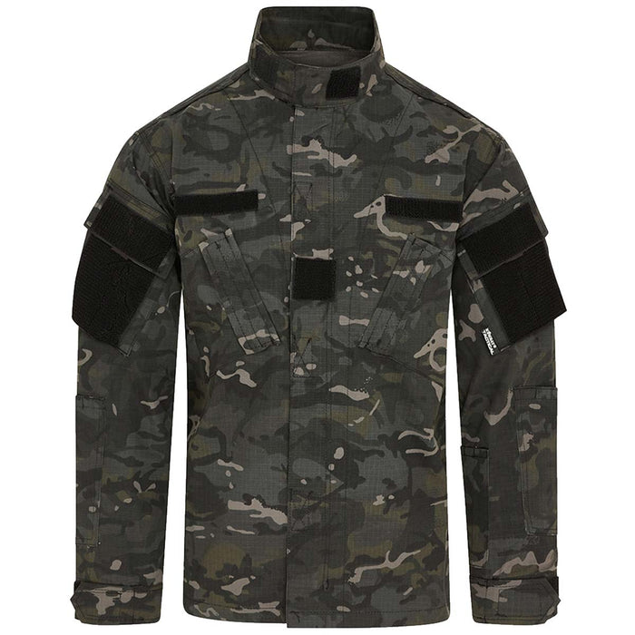 front view of black camouflage kombat acu assault shirt