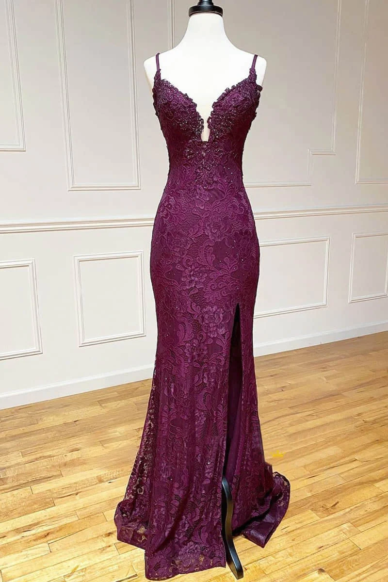 Lace Spaghetti Straps V-Neck Mermaid Formal Prom Dress With Slit