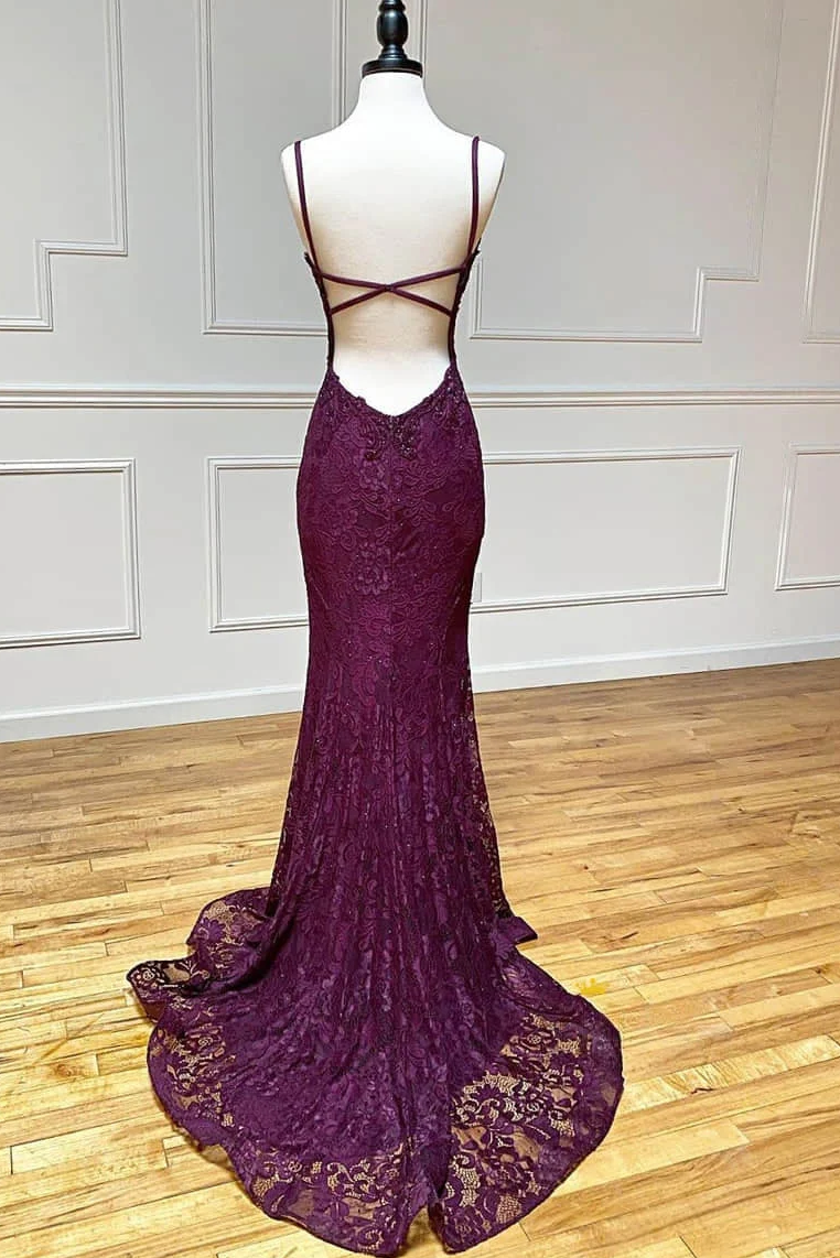 Lace Spaghetti Straps V-Neck Mermaid Formal Prom Dress With Slit