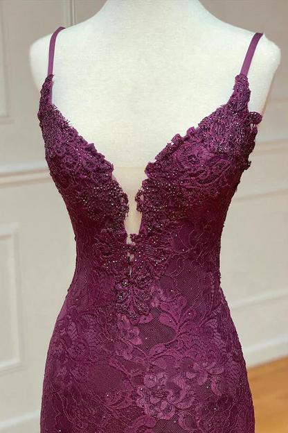 Lace Spaghetti Straps V-Neck Mermaid Formal Prom Dress With Slit