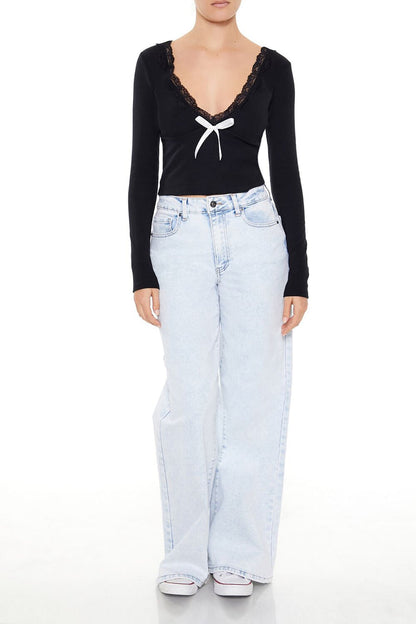 Lace-Trim Plunging Bow Crop Top