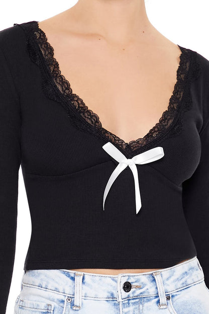 Lace-Trim Plunging Bow Crop Top