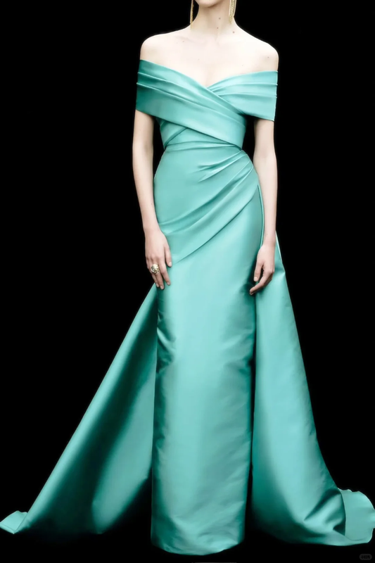 Lake Blue Unique Sheath Off the Shoulder Satin Prom Dress Wedding Guest Dress