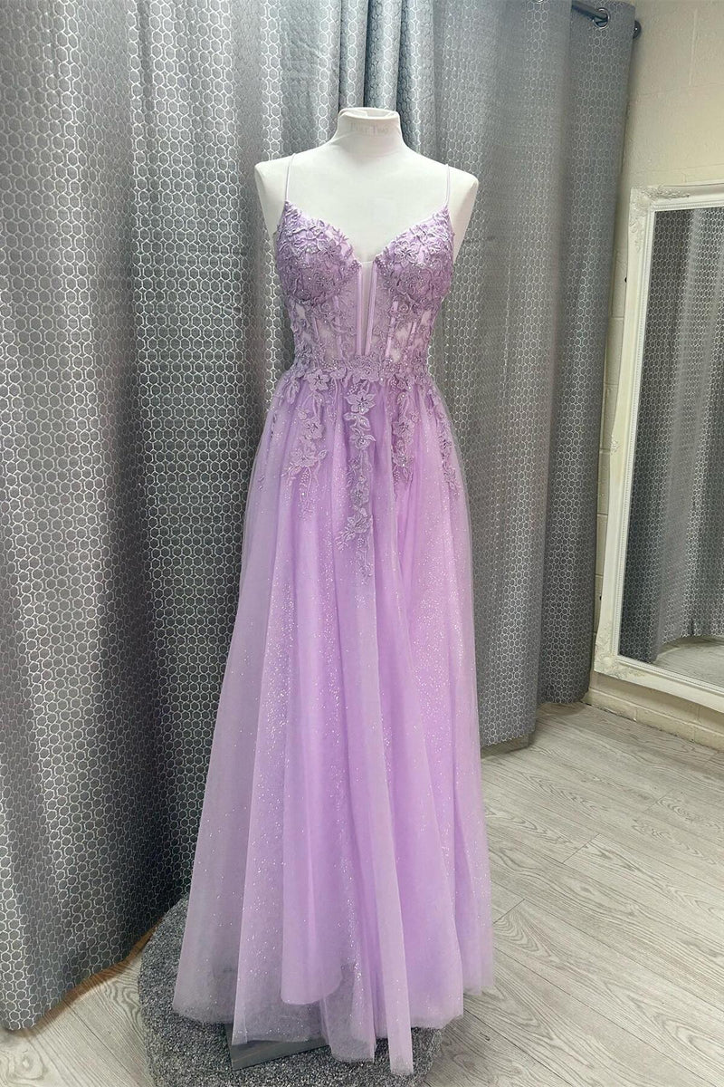 Lavender Lace Appliques A-line Prom Dress