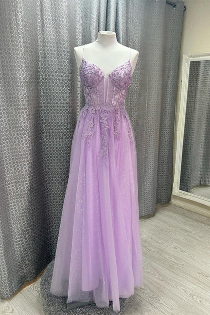 Lavender Lace Appliques A-line Prom Dress