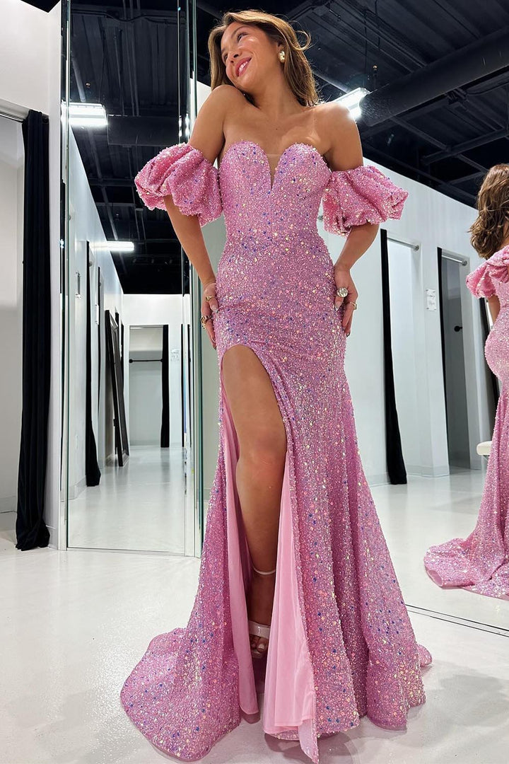 Lavender Sequin Mermaid Long Prom Dress with Short Puff Sleeves