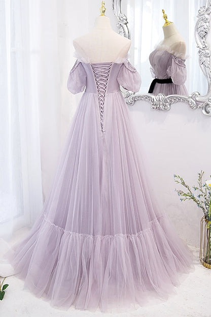 Lavender Soft Tulle Off the Shoulder Long Prom Dress