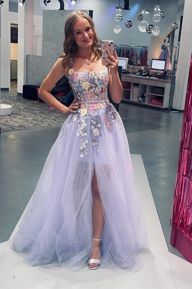 Lavender Tight Floral Dress with Train