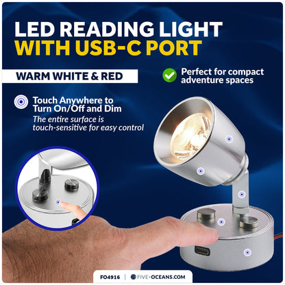LED Reading Light with USB-C Port, Touch Dimmer, Warm White & Red, Aluminum Housing, 200 LM, 10-28V DC