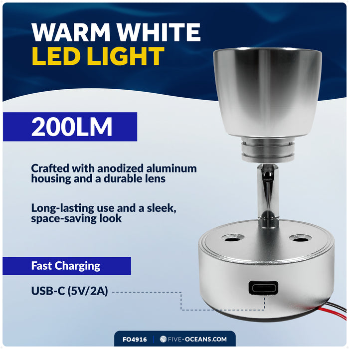 LED Reading Light with USB-C Port, Touch Dimmer, Warm White & Red, Aluminum Housing, 200 LM, 10-28V DC