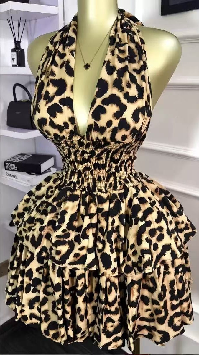 Leopard Chiffon Halter Homecoming Party Dresses,AST1981