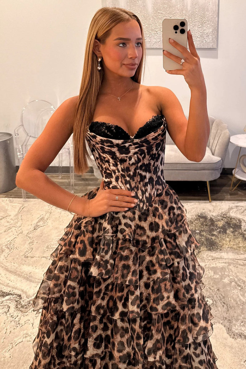 Leopard Print Sweetheart Corset Prom Dress With Tiered Ruffles