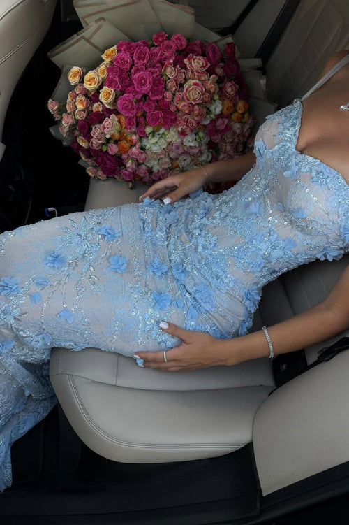 Light Blue 3D Floral Lace Beaded Mermaid Prom Dress with Illusion Corset Bodice